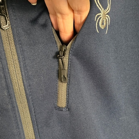 Spyder Men's Small Soft Shell Jacket Full Zip Hooded Navy Blue Gray Zip Pockets - Picture 5 of 11